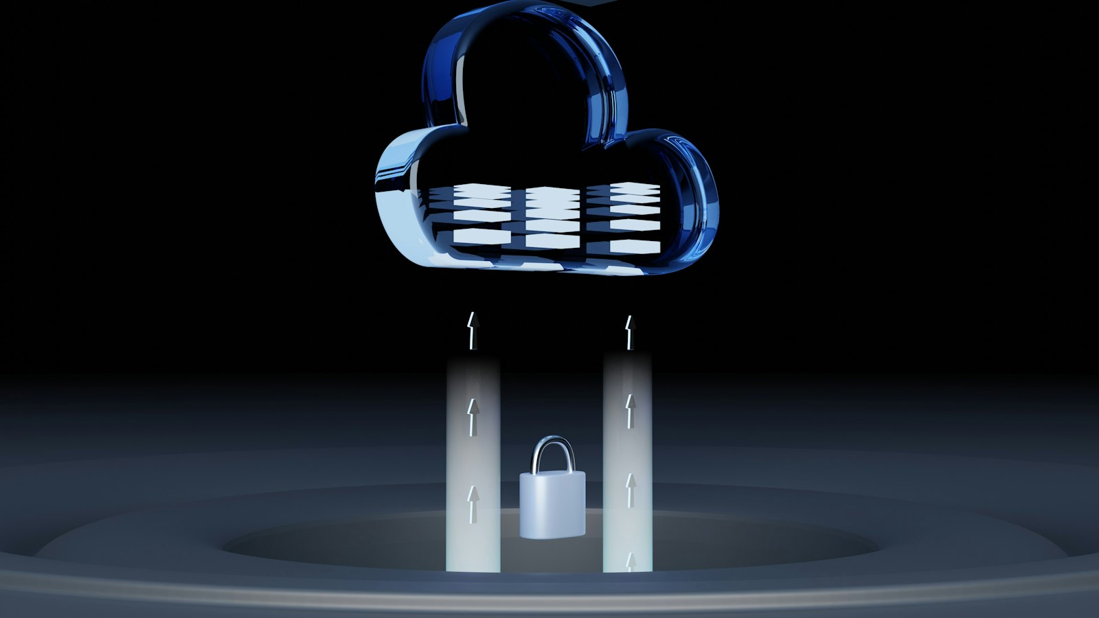 Glass cloud icon with data layers above a padlock, illustrating AWS hosting migration for WordPress