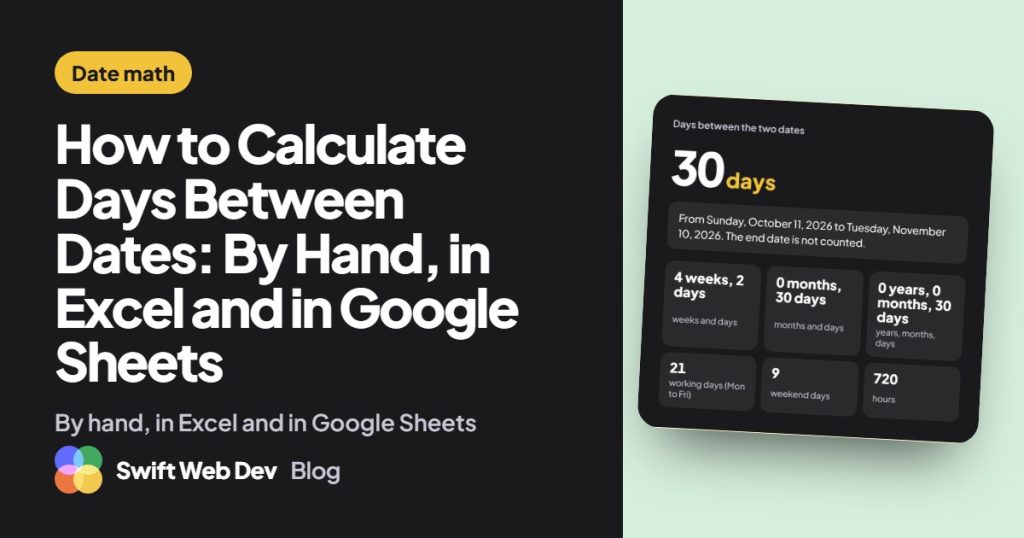 How to Calculate Days Between Dates: By Hand, in Excel and in Google Sheets, cover image showing the related free tool