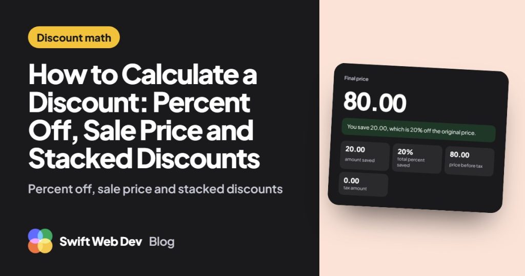 How to Calculate a Discount: Percent Off, Sale Price and Stacked Discounts, cover image showing the related free tool